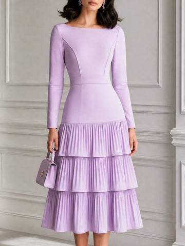 Lilac Spliced Tiered Pleated Boat Neck Midi Dress