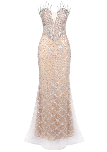 Strapless Crystal Sequin Bustier Maxi Dress Nude