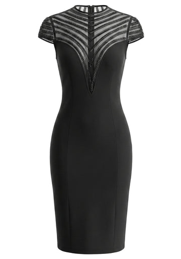 Cap Sleeve Embellished Mesh Midi Dress Black