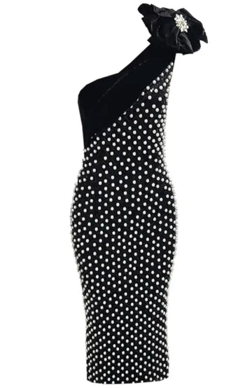 Floral One Shoulder Pearl Sequin Maxi Dress Black