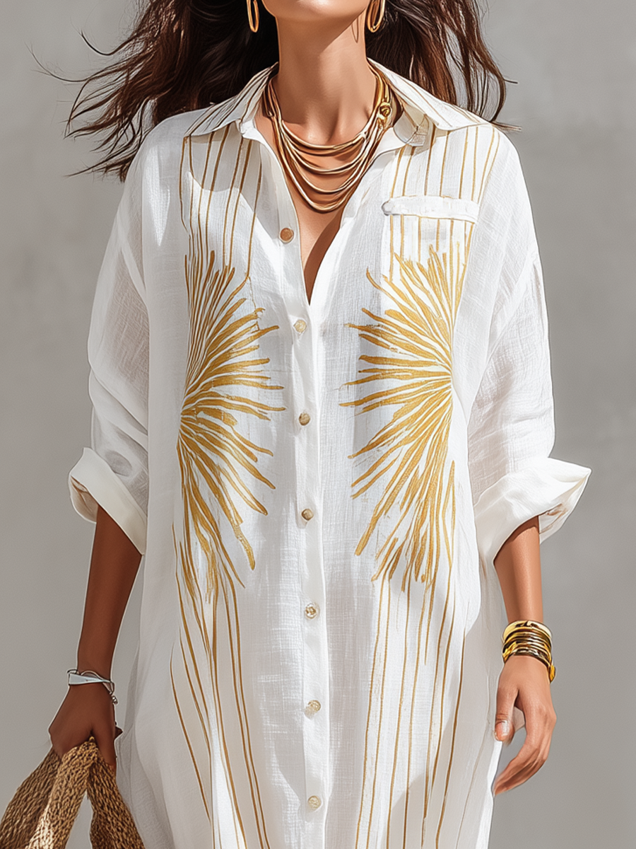Elegant Sunburst Print Shirt Maxi Dress