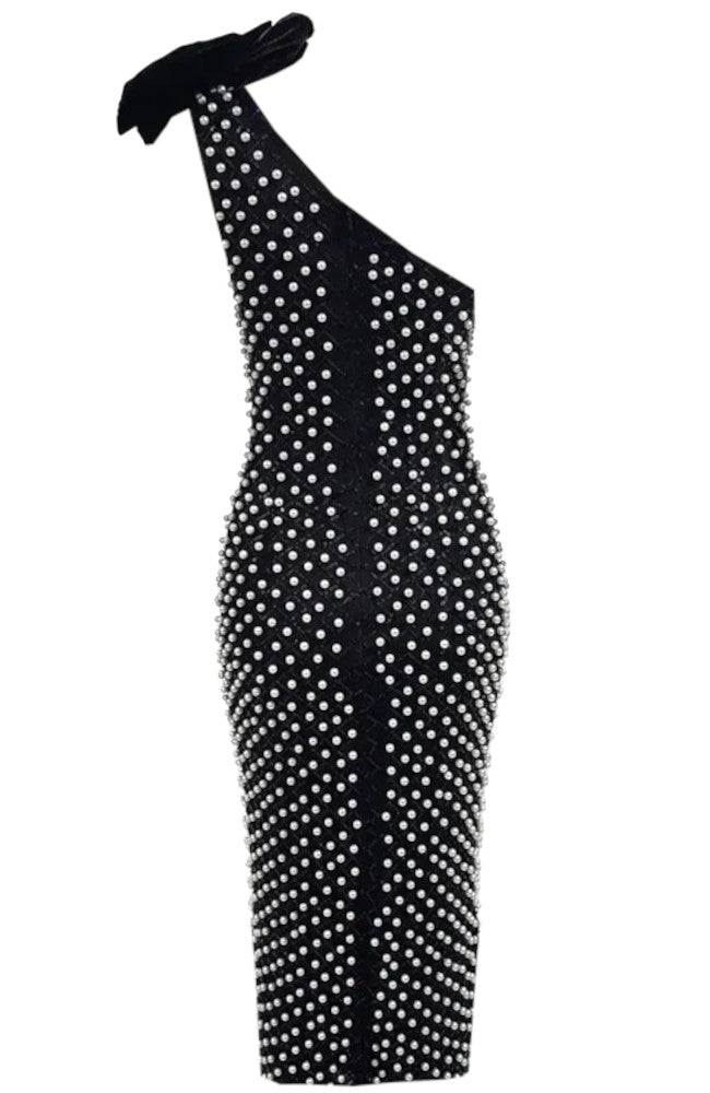 Floral One Shoulder Pearl Sequin Maxi Dress Black
