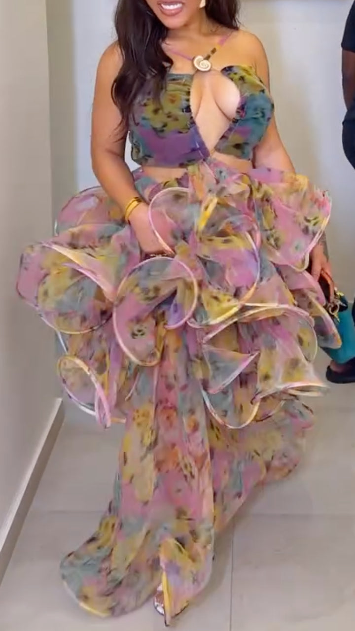 Floral Halter Cutout Ruffle Chiffon Maxi Dress