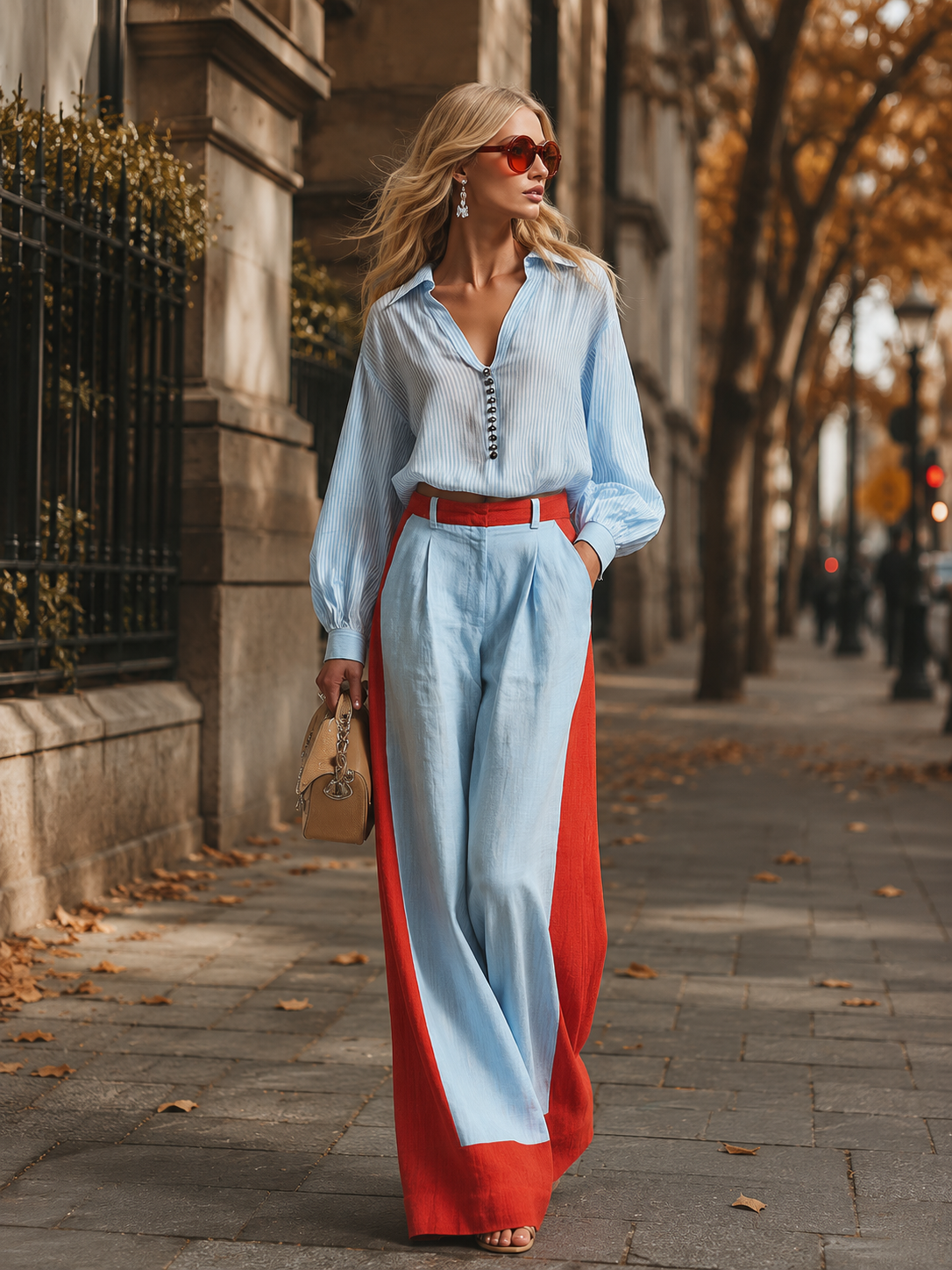 Stylish Casual Blue Striped Shirt And Color-Block Wide-Leg Pants Cotton-Linen Set