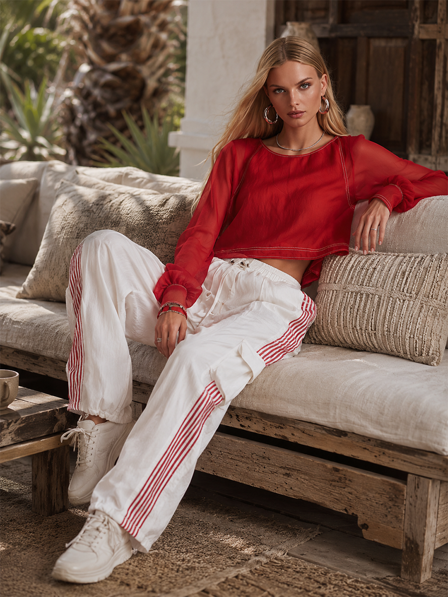 Casual-chic Red Shirt And White Cargo Pants Cotton Set