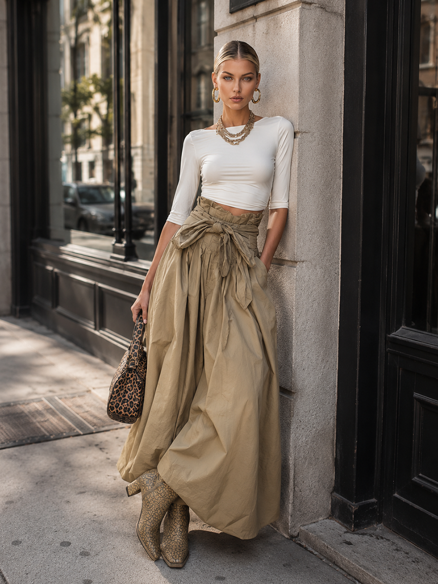 Elegant Vintage-style White Mid-sleeve Top And Khaki Skirt Cotton Set