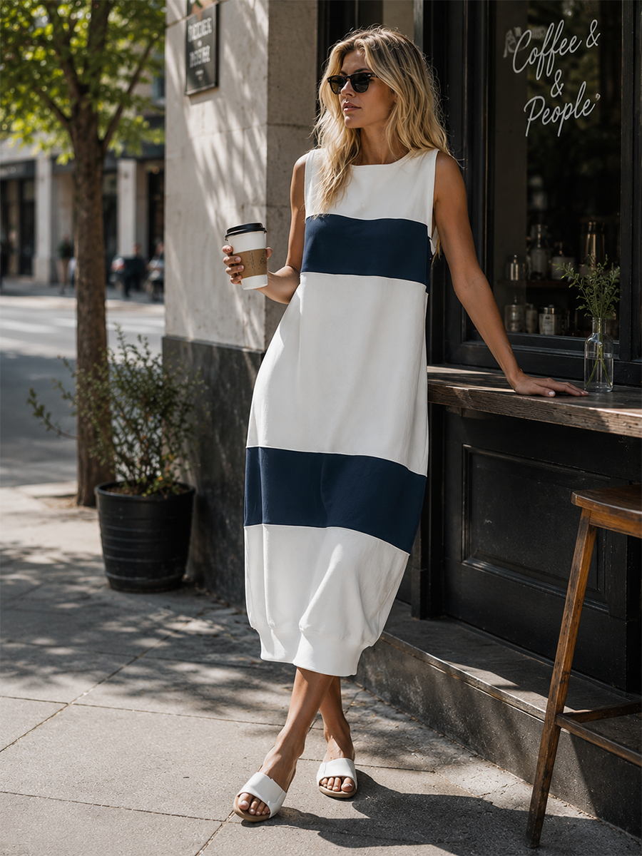 Casual Basic Everyday Blue-and-White Color-Block Cotton Midi Dress