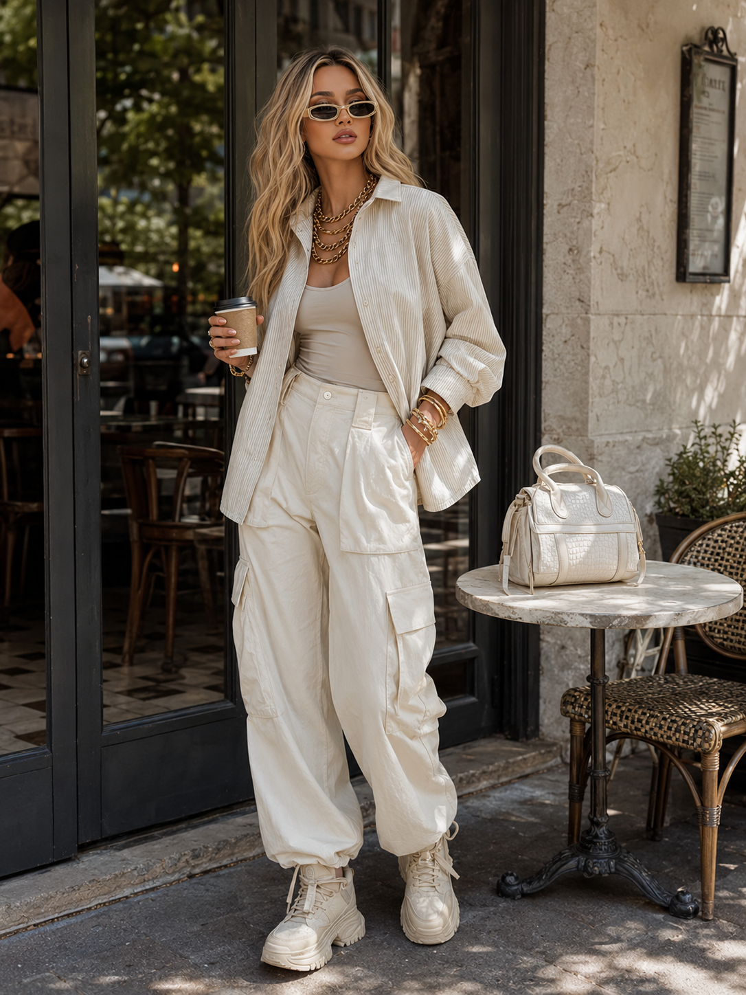 Casual Urban Off-White Striped Shirt And Multi-Pocket Cargo Pants Set