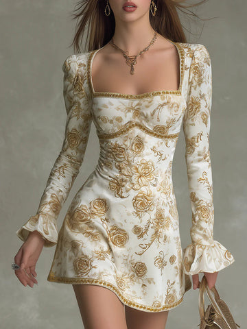 Elegant Vintage-style Rose Print Velvet Mini Dress