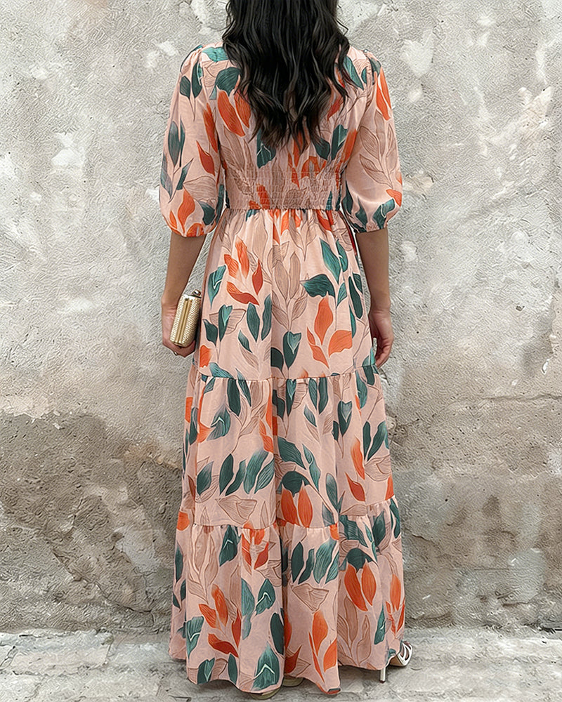 Plants Print V-Neck Half Sleeve Shirred Back Maxi Dress Casual Button Decor Ruched Ruffle Hem Vacation Dress