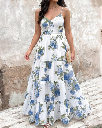 Women's Floral Print Maxi Dress Ruffle Hem Cami Dress V Neck Shirred Summer Vacation Boho Long Dress with Built-In Bra