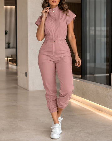 Women's Short Sleeve Zipper Front Jumpsuit Stand Collar Elastic Waist Jogger Jumpsuit with Pockets