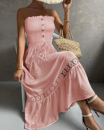 Women's Strapless Shirred Maxi Dress Lace Splice Tied Detail Frill Trim Sundress with Detachable Clear Straps