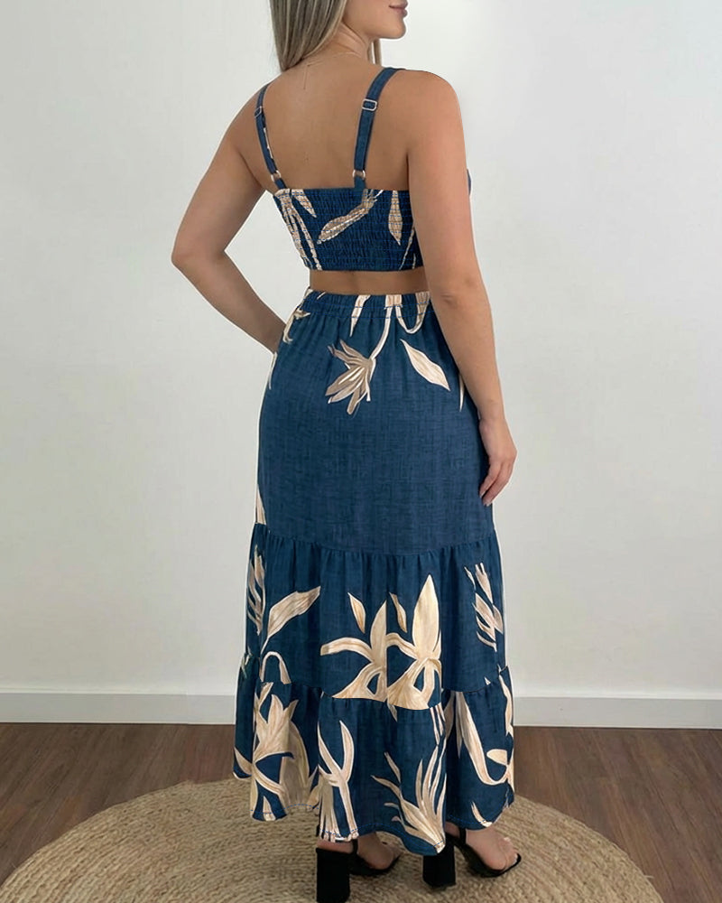 Plants Placement Print Adjustable Straps Cutout Waist Shirred Back Maxi Dress Casual Cinched Waist Ruffle Hem Vacation Dress