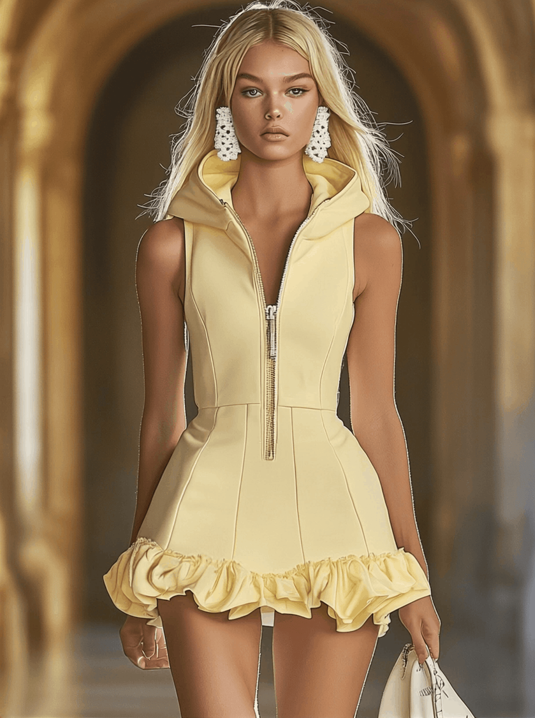 Fashion Slim Fit Goose Yellow Front Zip Hooded Ruffle Sleeveless Mini Dress
