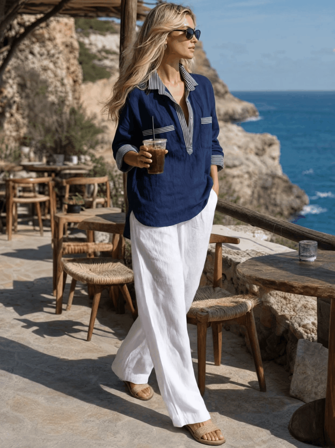 Casual Retro-style Blue Cotton-linen Shirt With Contrasting Trim And White Trousers Set