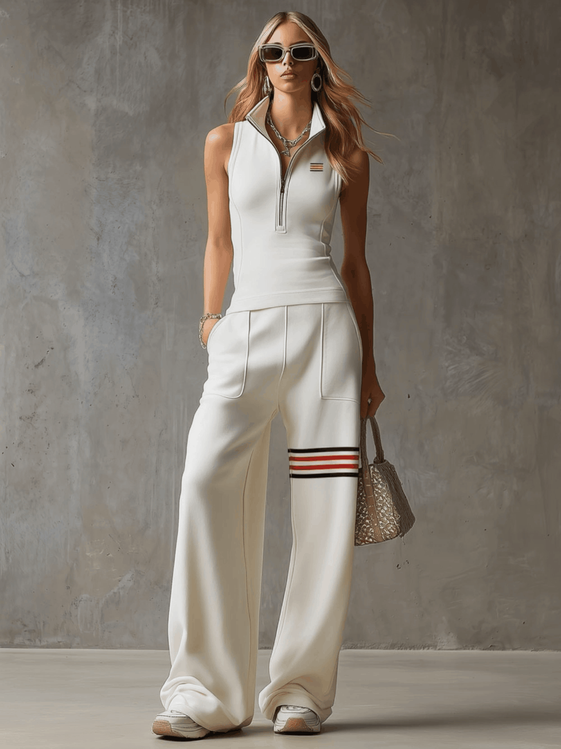 Sporty Retro White Striped Embroidered Sleeveless Vest And Wide-Leg Pants Set