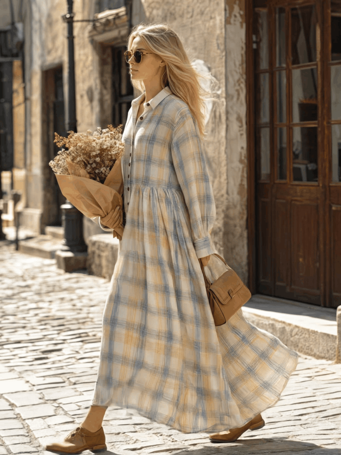 Casual Retro Collared Button Long-sleeved Plaid Cotton Maxi Dress