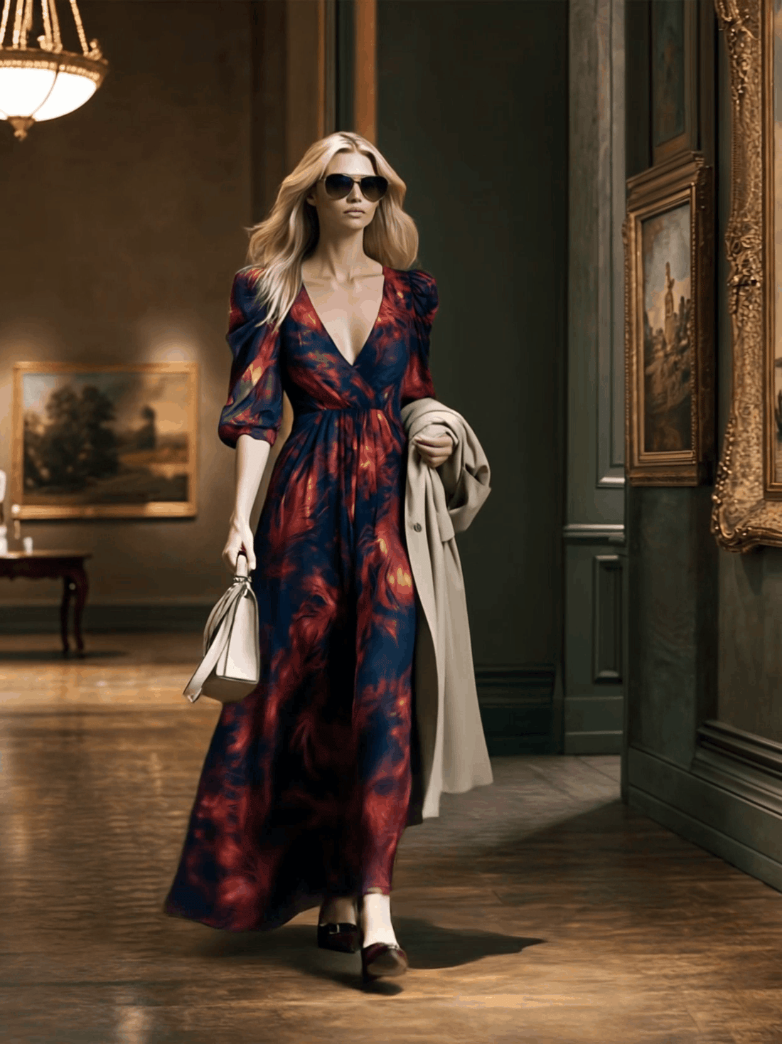 Retro Elegant Red Feather Print Blue V-neck Chiffon Maxi Dress