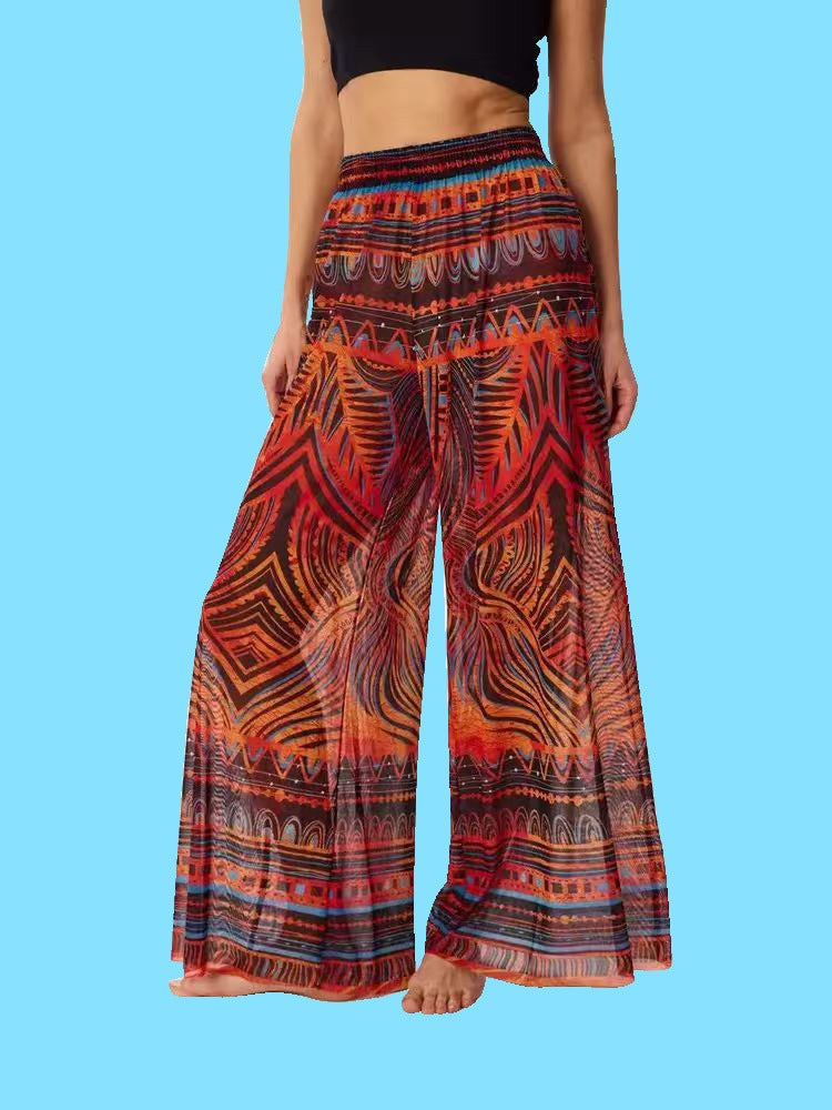 Women's High-Waisted Printed Mesh Casual Trousers
