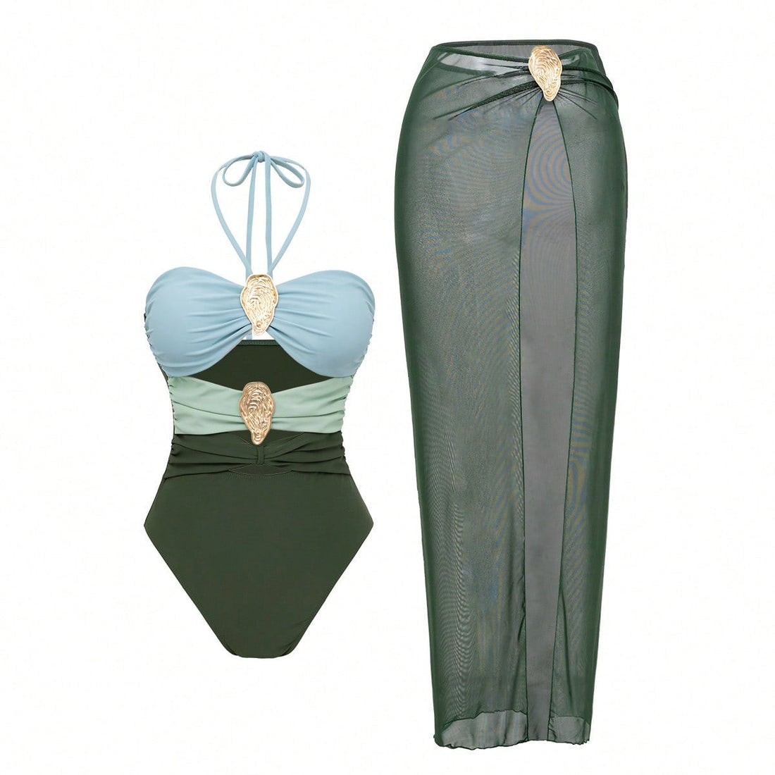 Women's Halter-Neck One-Piece Swimsuit with Hot Spring Wrap Skirt Set