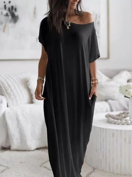 Women's Solid-Color Short-Sleeve Long Casual Dress