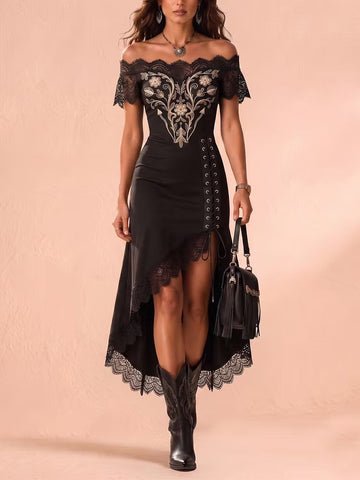 Vintage Embroidered Lace-Panel Asymmetrical Mid-Length Dress