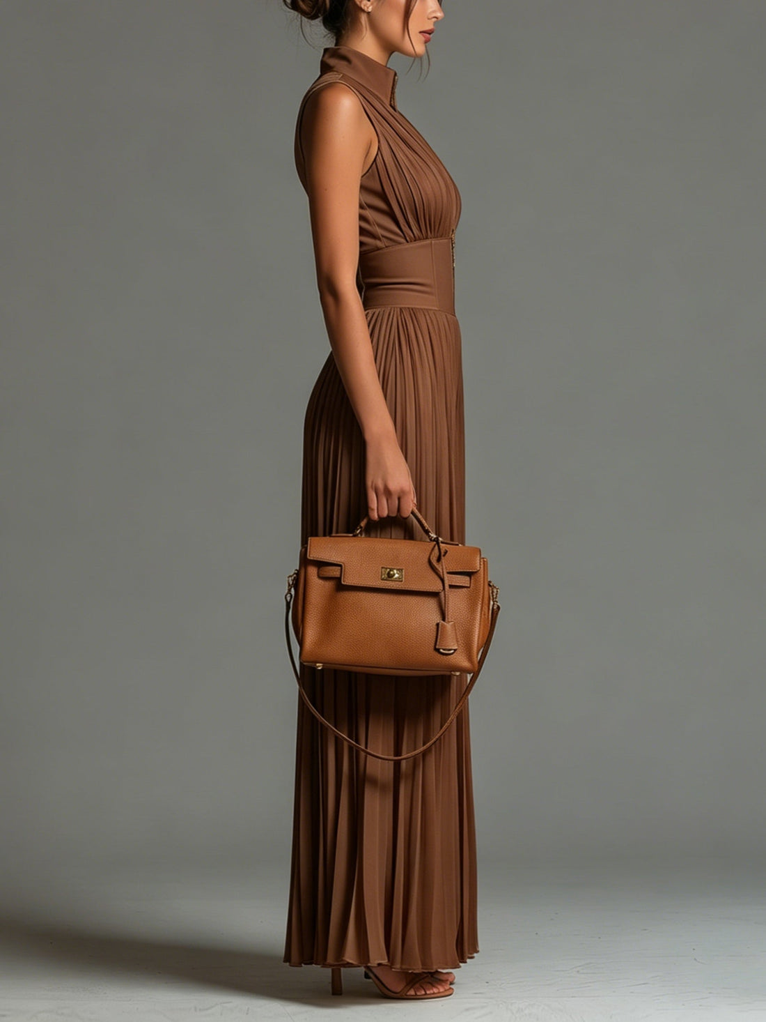 Brown V-neck Sleeveless Zip-up Pleated Wide-leg Chiffon Jumpsuit