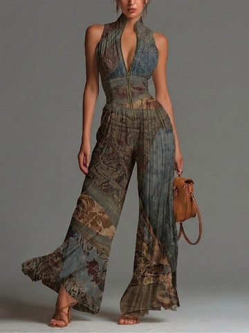 Bohemian Ethnic Print Sleeveless Zipper Pleated Wide-leg Chiffon Jumpsuit