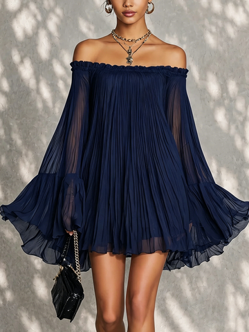 Navy Off-shoulder Ruffled Bell Sleeve Mini Dress