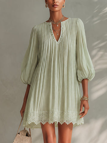Light Green Ppleated Chiffon Lantern Sleeve Lace Mini Dress