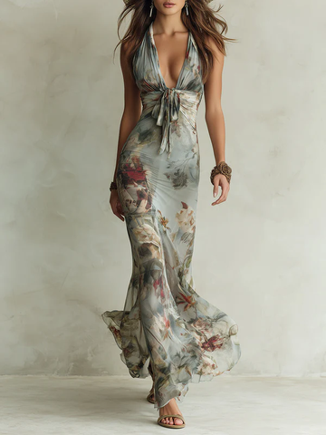 Retro Floral Print Halter Neck Fishtail Maxi Dress