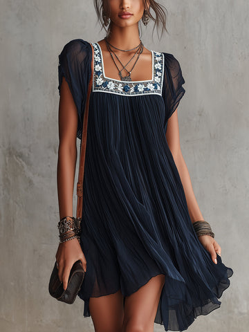 Navy Blue Floral Embroidered Pleated Chiffon Mini Dress