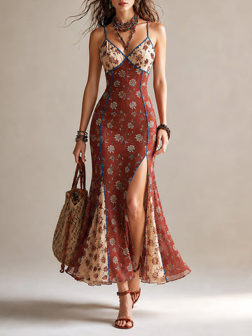 Rust-red Floral Print Chiffon High-slit Spaghetti Strap Maxi Dress