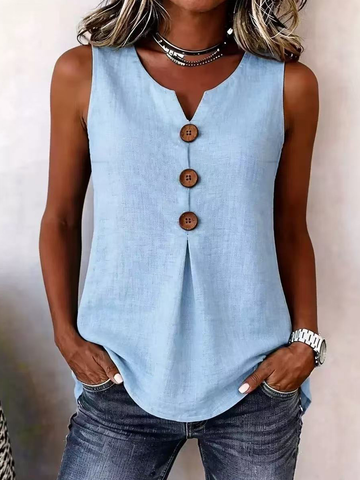 Solid Color Button V-neck Sleeveless Top