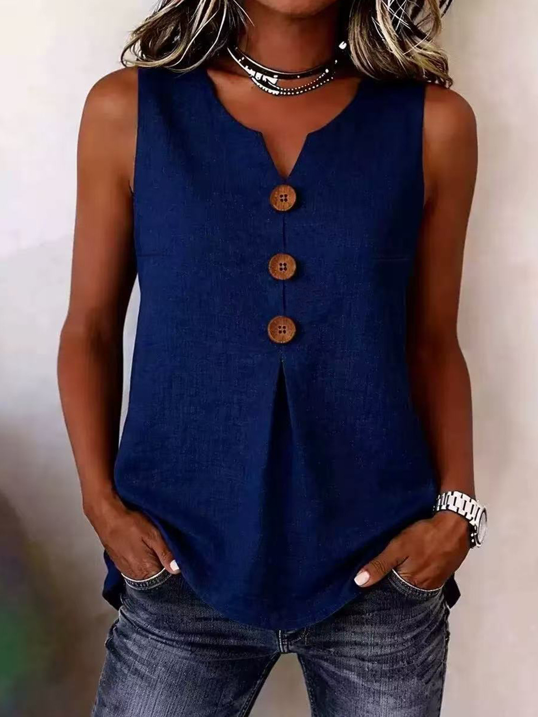 Solid Color Button V-neck Sleeveless Top