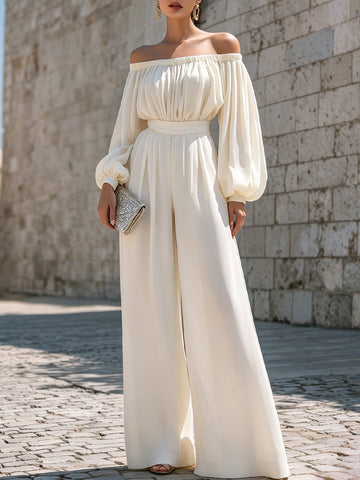 White Off-shoulder Puff Sleeve Chiffon Wide-leg Jumpsuit