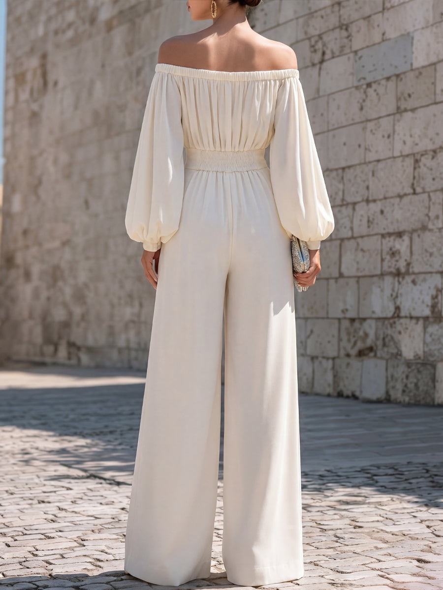 White Off-shoulder Puff Sleeve Chiffon Wide-leg Jumpsuit