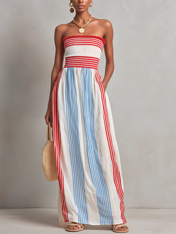 Red & Blue Striped Smocked Strapless Casual Maxi Dres