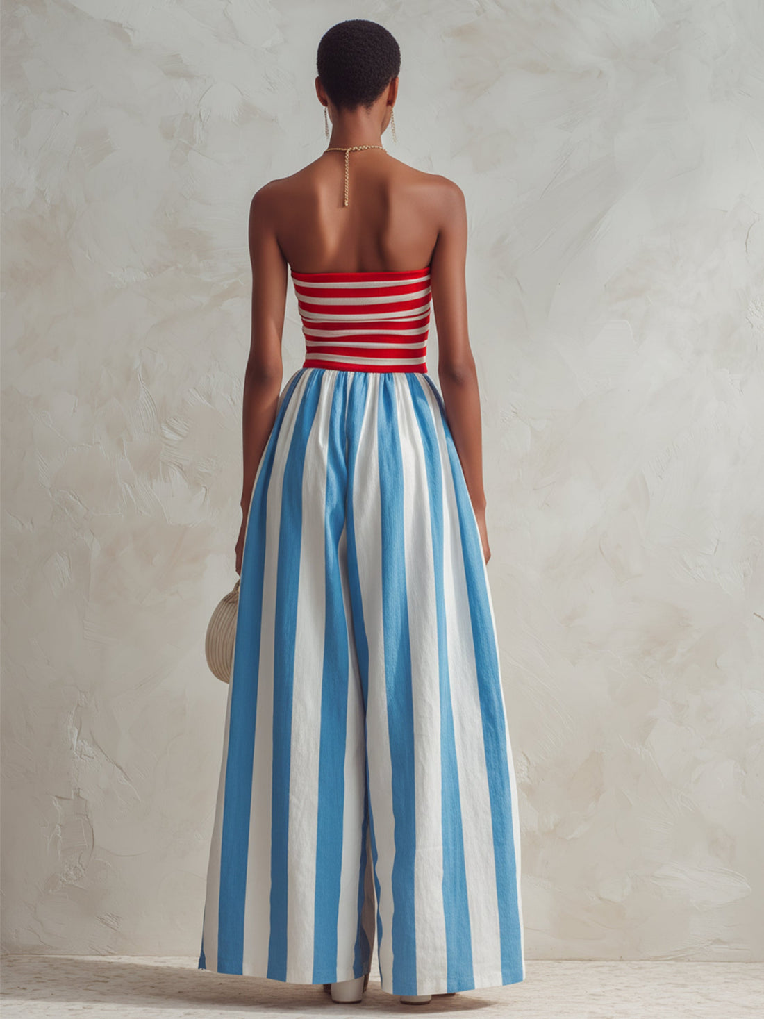 Red And Blue Striped Strapless Casual Wide-leg Jumpsuit