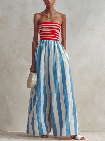 Red And Blue Striped Strapless Casual Wide-leg Jumpsuit