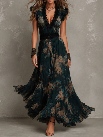 Vintage Dark Green Floral Lace-trimmed Chiffon maxi Dress