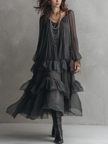 Black U-neck Sheer Layered Ruffled Maxi Dress