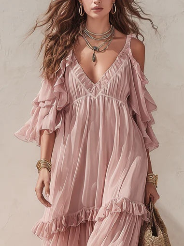 Romantic Pink Off-shoulder Layered Ruffle Flowing Maxi Dress