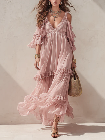 Romantic Pink Off-shoulder Layered Ruffle Flowing Maxi Dress