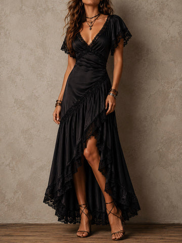 Elegant Black Satin Lace-trimmed Asymmetrical Maxi Dress