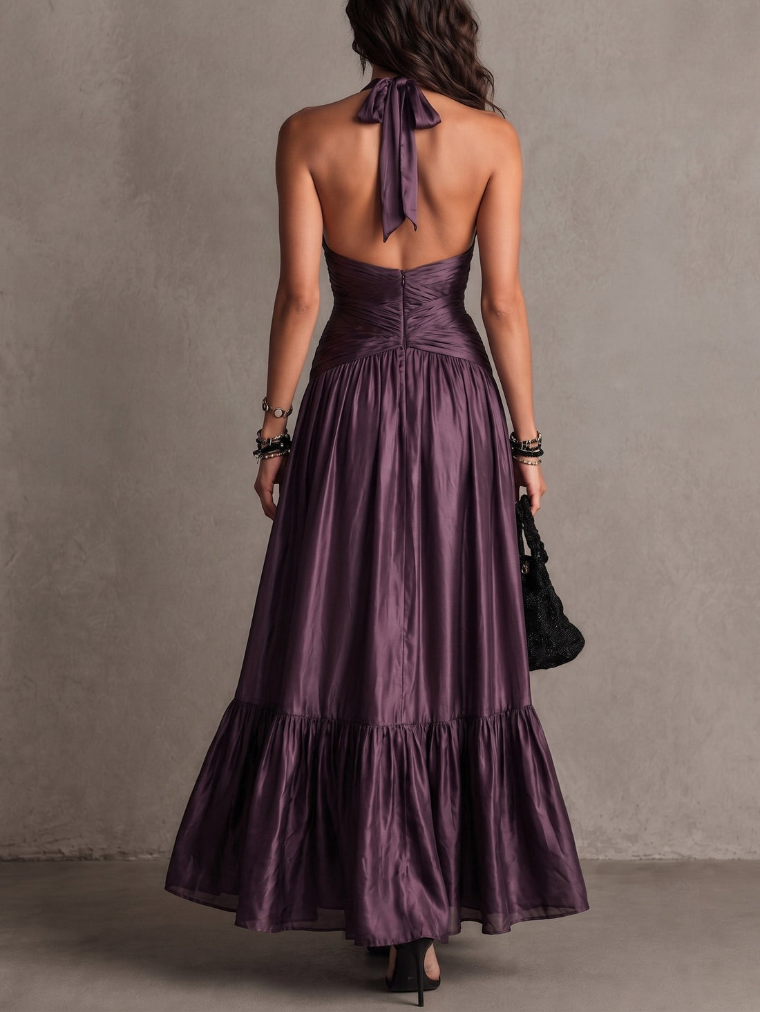 Elegant Purple Satin Halter Neck Pleated Maxi Dress