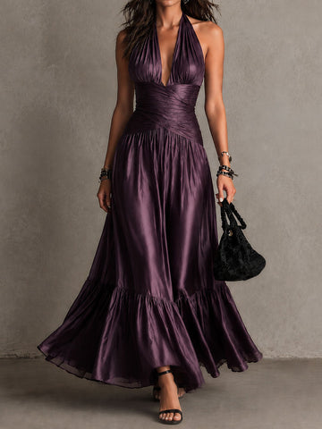 Elegant Purple Satin Halter Neck Pleated Maxi Dress