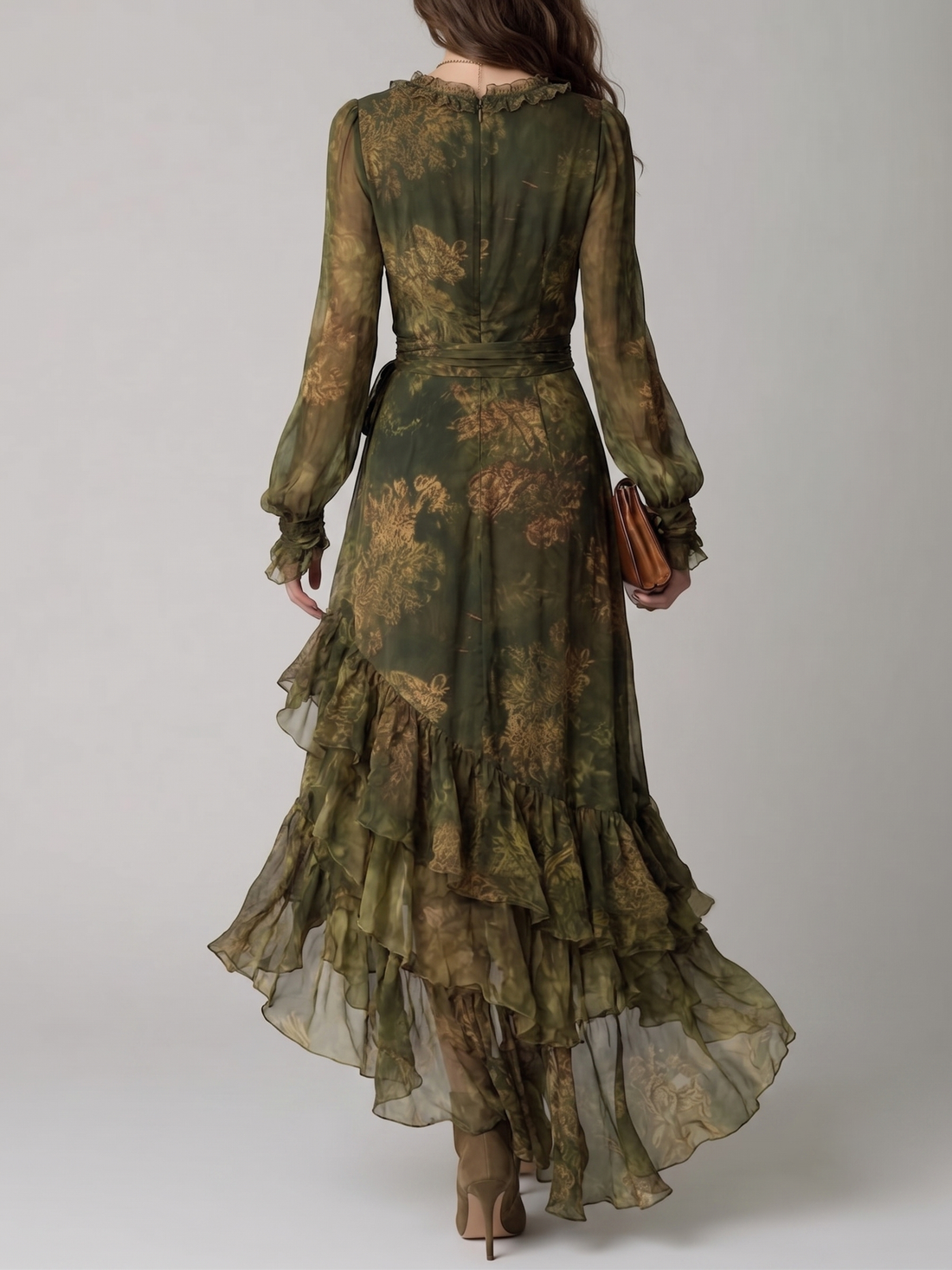 Green Floral Print Irregular Layered Ruffle Chiffon Maxi Dress