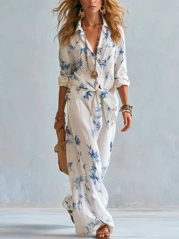 Blue Bamboo Leaf Floral Shirt Paired With Wide-leg Pants Suit